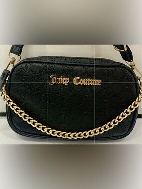 Juicy Couture Black Quilted Heart-Embossed Crossbody with Gold Chain